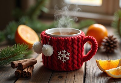 A cozy red mug rests on a wooden table