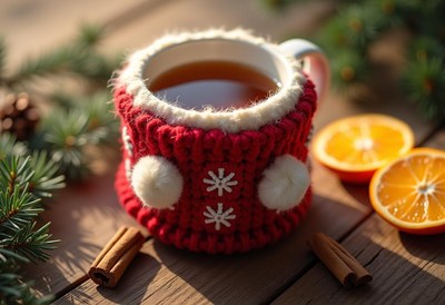 A warm drink in a cozy knitted mug, perfect for a winter day