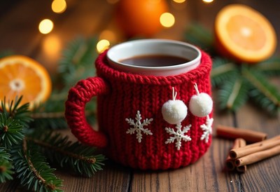 A warm drink in a cozy knitted mug on a winter day
