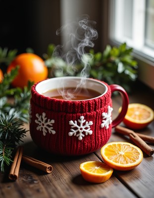 A red mug with snowflakes sits on a wood table