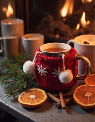 A cozy mug of tea sits by the fireplace