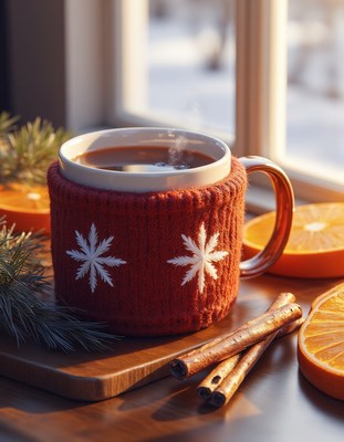 A mug of hot coffee sits by a window on a cold day