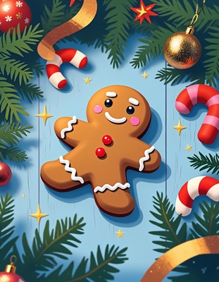 Gingerbread man on blue with christmas decor