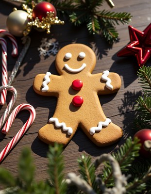 A gingerbread man cookie sits on a brown wooden surface