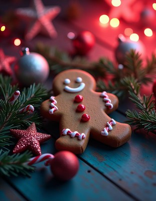 Gingerbread man on a blue table with decorations