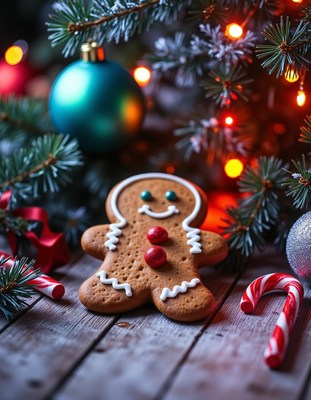 Gingerbread man under a tree with candy canes