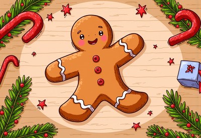 Gingerbread man on a table with christmas decor