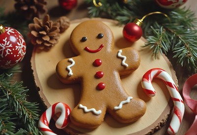 A gingerbread man sits on a wooden platter with candy canes