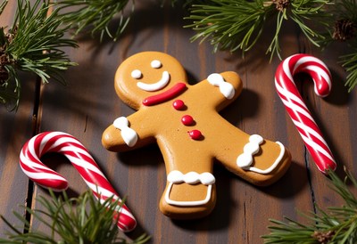 Gingerbread man with candy canes on a table