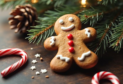 A gingerbread man sits under a pine branch with candy canes