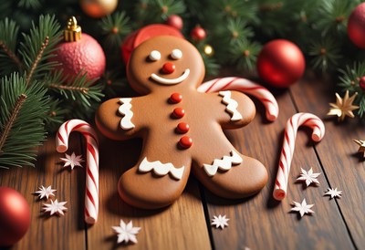 Gingerbread cookie on a table with candy canes