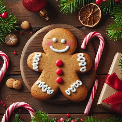 Gingerbread man on a table with candy canes