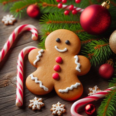 Gingerbread man on a table with candy canes