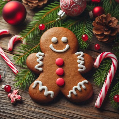 Gingerbread man on a table with candy canes