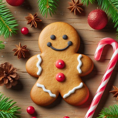 A gingerbread man cookie with a candy cane