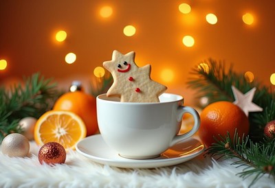 Gingerbread cookie in a teacup with oranges