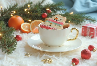 Snowman cookie in a teacup, holiday treat ready!