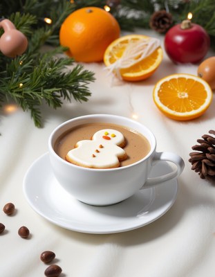 A cup of hot cocoa with a snowman cookie on top