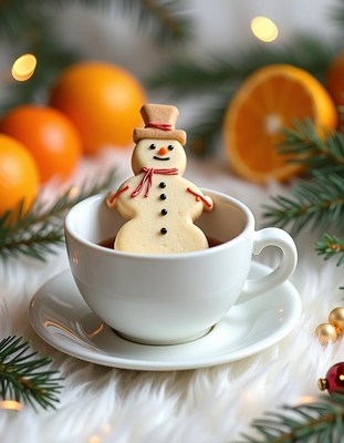 A snowman cookie sits in a cup of hot cocoa