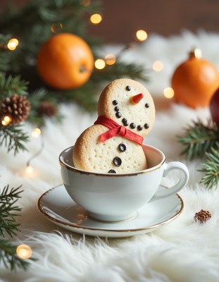 A snowman cookie sits in a teacup