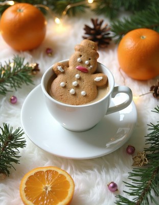 A gingerbread snowman floats in a warm cup of cocoa