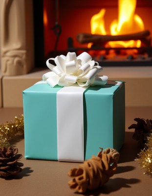 Teal gift box with white bow by the fireplace