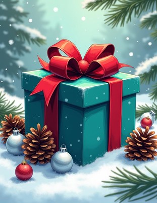 A teal gift box with a red bow sits in the snow