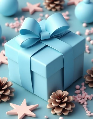 A blue gift box with a bow sits on a blue surface