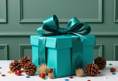 Teal gift box with a bow on a white table
