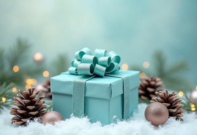 A blue gift box sits on a bed of snow