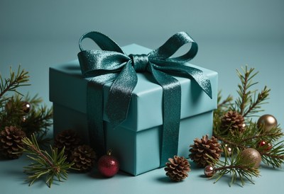 Blue gift box with a satin bow on a blue base