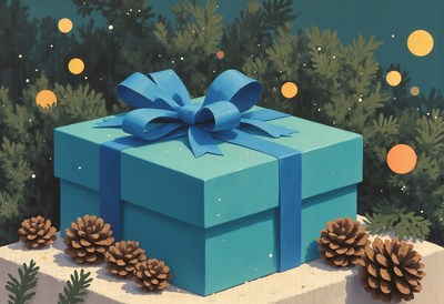 Blue gift box on white platform by green bush