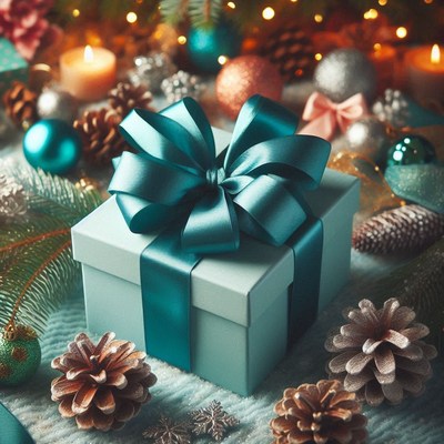 Teal gift box with satin bow amid pine cones
