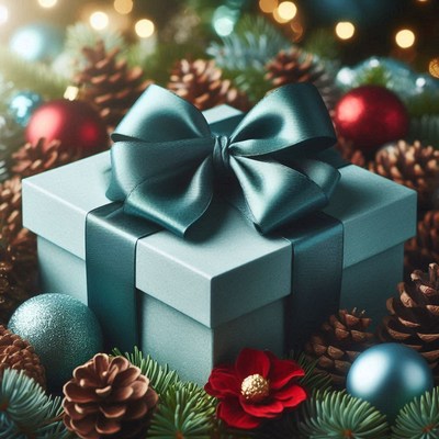 Blue gift box with teal bow amid pine and ornaments