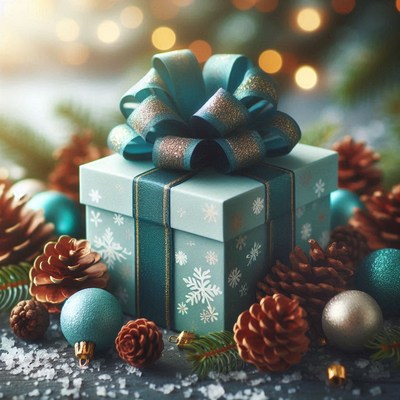 Teal gift box with bow on a table with decor