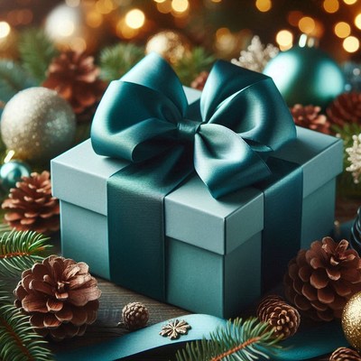 Teal Bow Gift Box with Christmas Decor