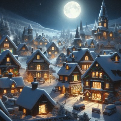 A snowy village glows under a full moon