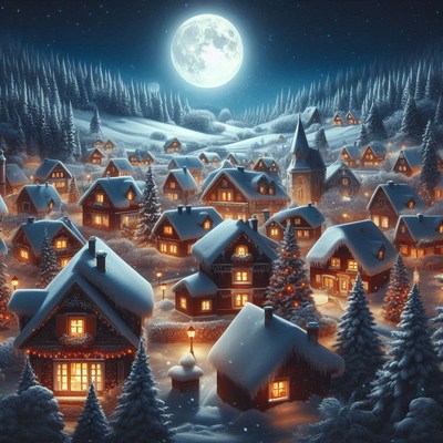 A snowy village glows under the full moon