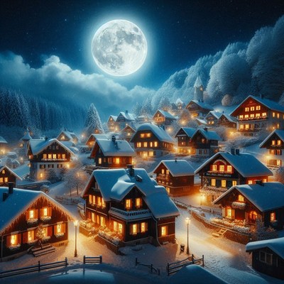 A snowy village nestled in the mountains under a full moon