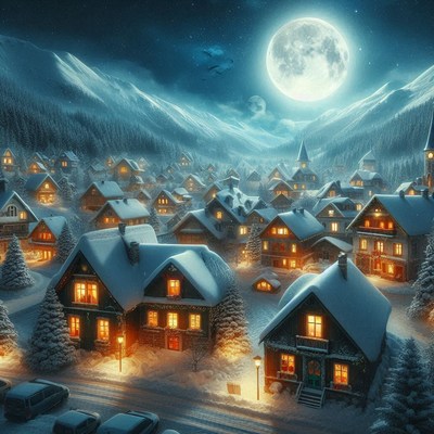 Snowy village in mountains under full moon