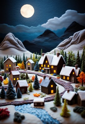 A felt village nestled in a snowy landscape under the moon
