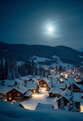 A snowy village nestled in the mountains under a bright moon