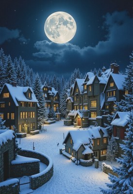 A snowy village basks under a full moon