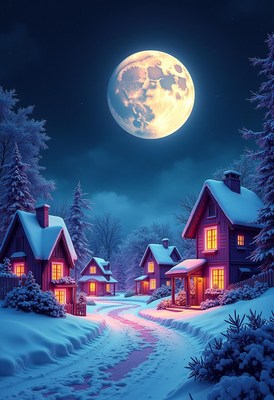 Snowy houses glow under a full moon
