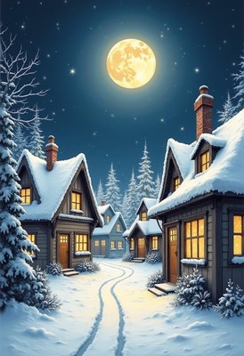 A snowy village street illuminated by the full moon