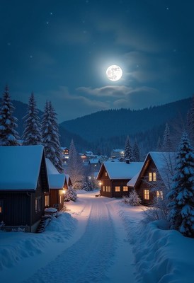 Snowy cabins glow under the full moon