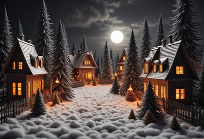Small wooden houses glow in the winter night