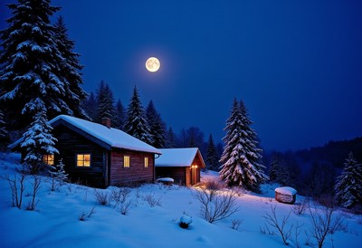 Two cabins glow under a full moon in a snowy forest