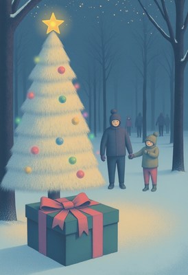 Two children stand in the snow by a christmas tree