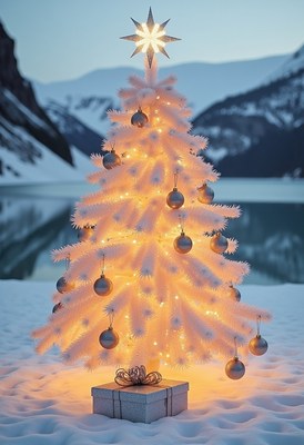 A white christmas tree glows in the snowy mountains